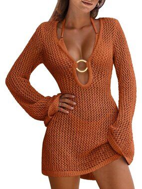 Women's Rust  Acrylic Crochet Mesh Bathing Cover UPS Summer Knit Swimwear